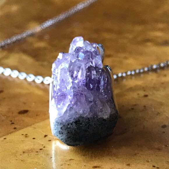 African Amethyst Geode Sterling Silver Stainless Steel Pendant Necklace - Picture 2 of 7